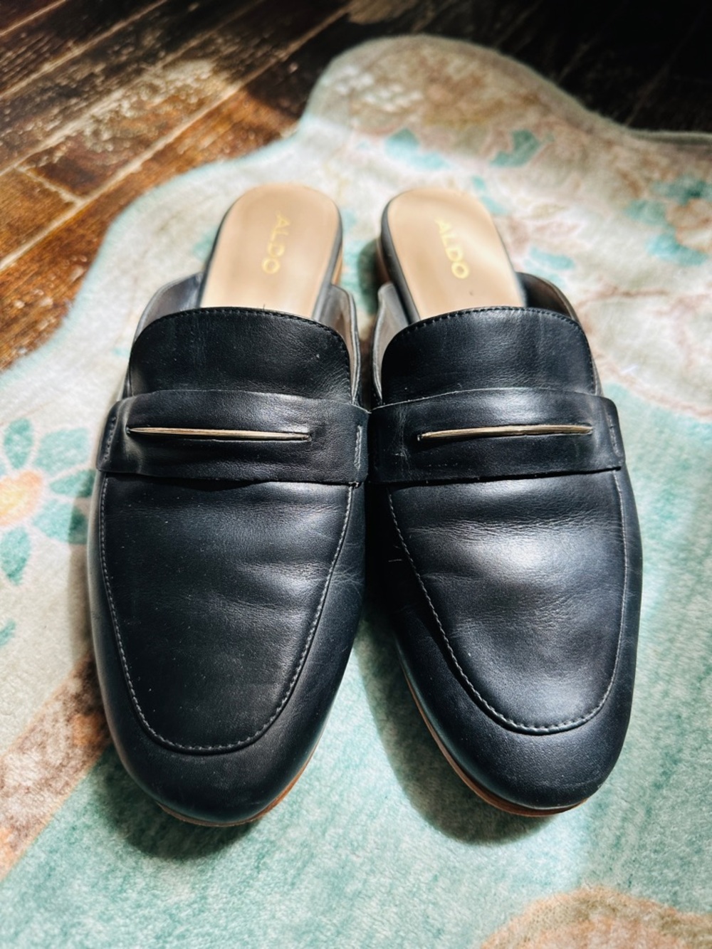 ALDO Black Leather Backless Penny Loafers with Gold Accent